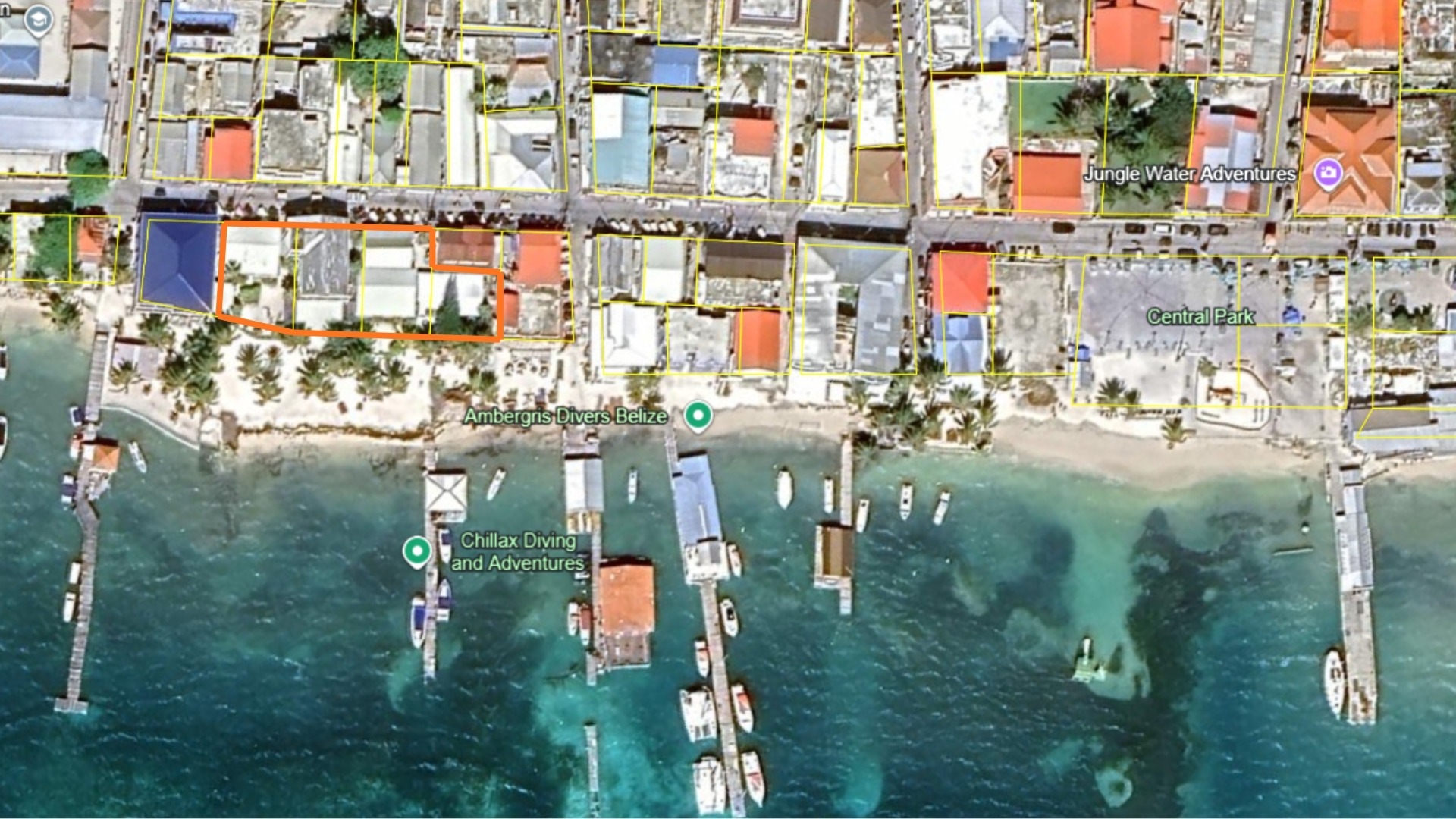 Aerial view of the San Pedro waterfront showing the hotel property outlined in orange near Central Park